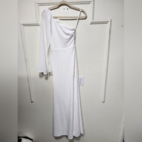 Lulus Majestic Attitude White Cape Sleeve One-Shoulder Maxi Dress S Wedding - Picture 6 of 11